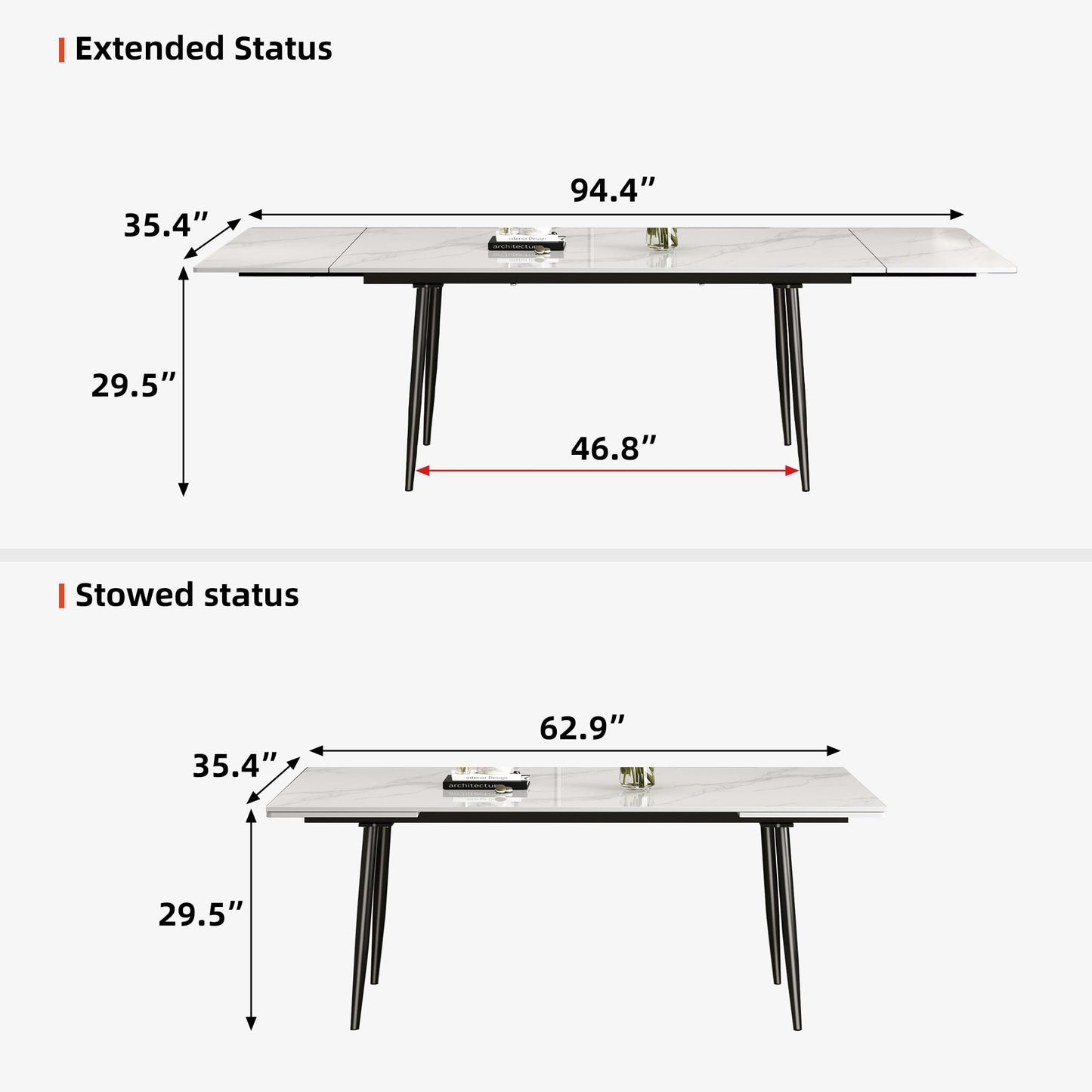 gaoyangjiaju 62.9"-94.4" Modern Extendable Dining Table for 6 to 10 Seats, Rectangular Sintered Stone Table with High Hardness and Easy Maintenance for Dining Room Family Gathering, White Top