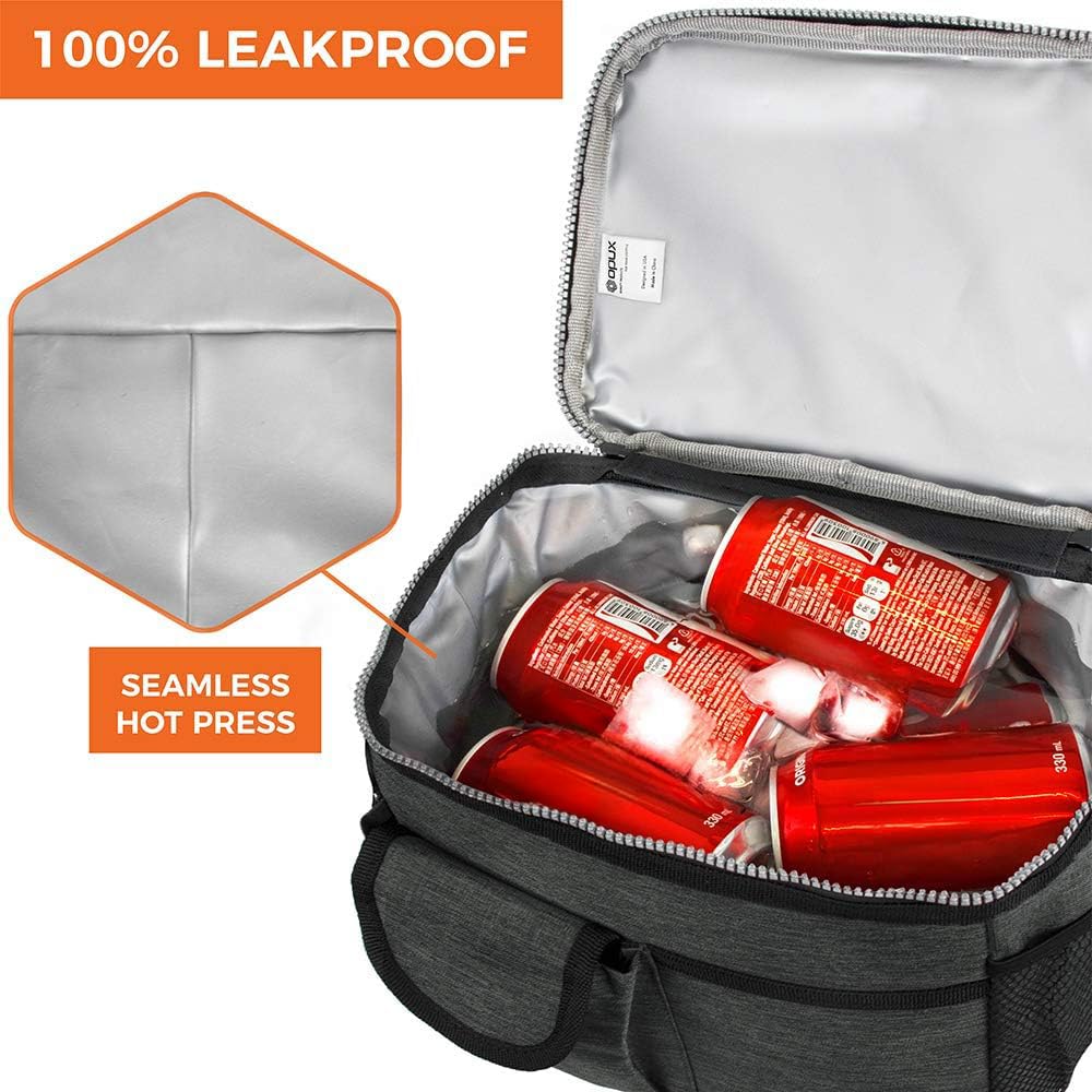 opux Insulated Lunch Bag Women Men, Dual Compartment Leakproof Lunch Box Adults Kids, Double Decker Meal Prep Bento Lunch Cooler Tote with Shoulder Strap for Work Office School Travel, Dark Gray