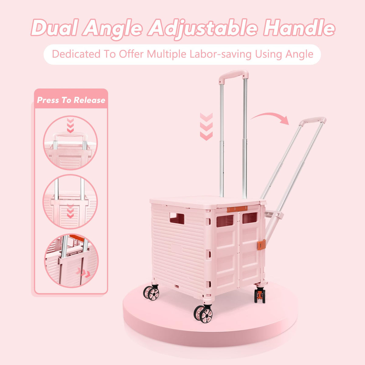 FELICON SELORSS Folding Utility Cart Rolling Crate Tote Basket Box Storage Handcart on 4 Swivel Wheels with Adjustable Handle Extended Magnetic Lid for Teacher Move Shop Travel Grocery Office(Pink)