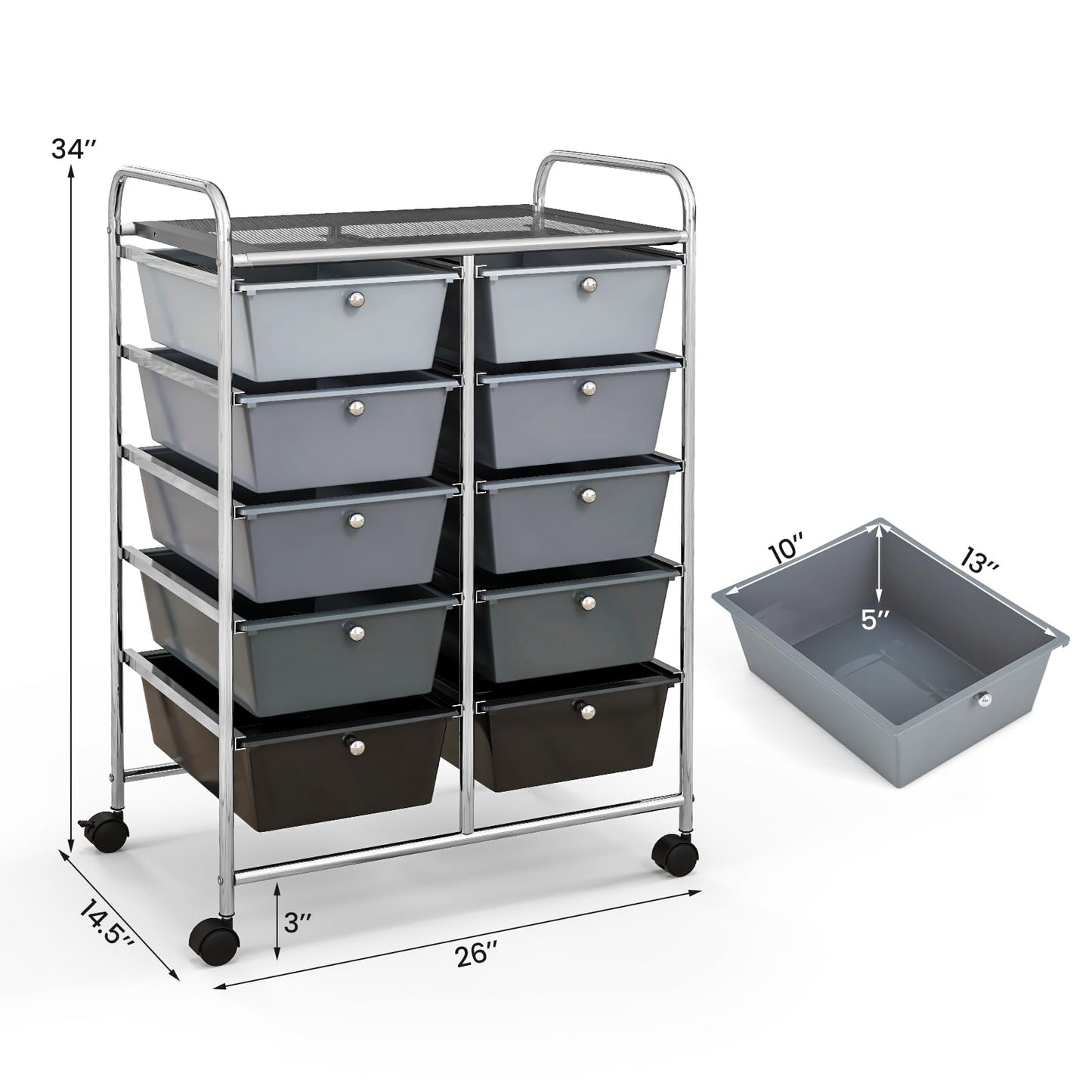 CLEEMAN 10-Drawer Rolling Cart with Drawers, Storage Cart with Universal Wheel & Metal Frame, Multipurpose Mobile Trolley Utility Cart for Makeup Kitchen Office Play Room (Gradient Black)