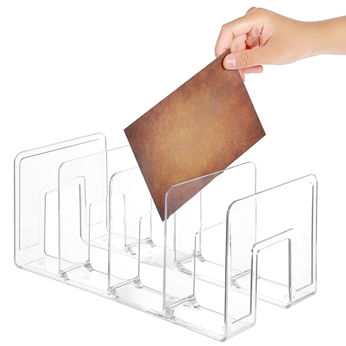 Lemecima 4 Pack Acrylic File Sorter, 4-Section Clear Desktop File Folder Holder Organizer, Thick Office Storage Stand Rack for Book, Envelopes, Mail, Document, Notebook, Binder, Purse, Clutch Divider