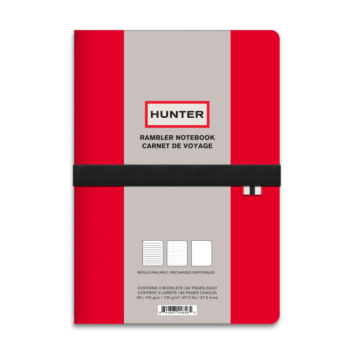 Hunter - Rambler Refillable Notebook, 8.6” X 6” Book with 3 A5 Booklets, 80 Pages Each of Lined Paper, Dot Grid, & Blank Pages for Drawing or Journaling, Elastic Band & Inside Pocket, Hunter Red