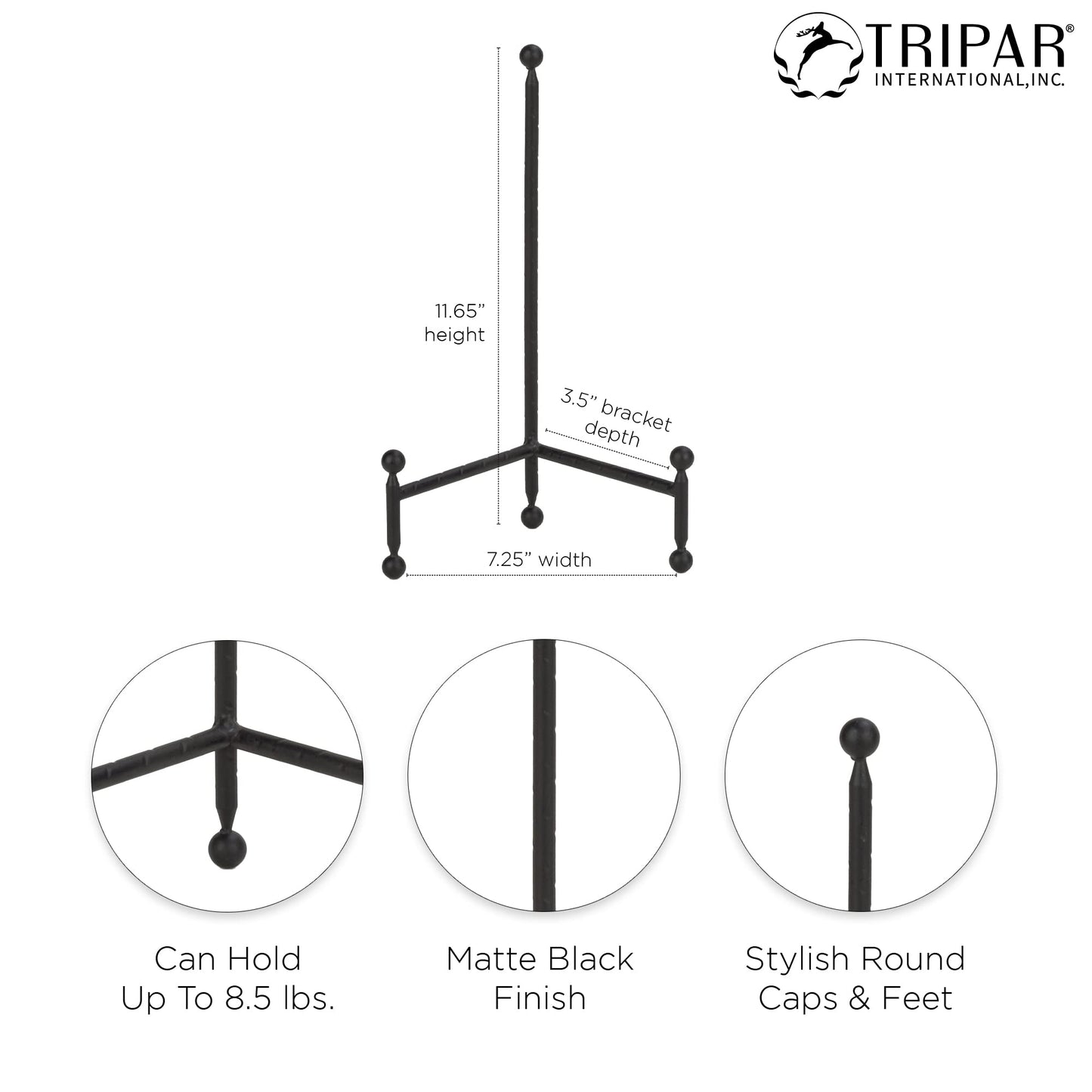 TRIPAR Modern Tripod Easel Display, Black Finish - Lightweight & Durable Design - Perfect for Displaying Decorative Pictures, Artwork, Plates, Tiles, & More (12 Inch)