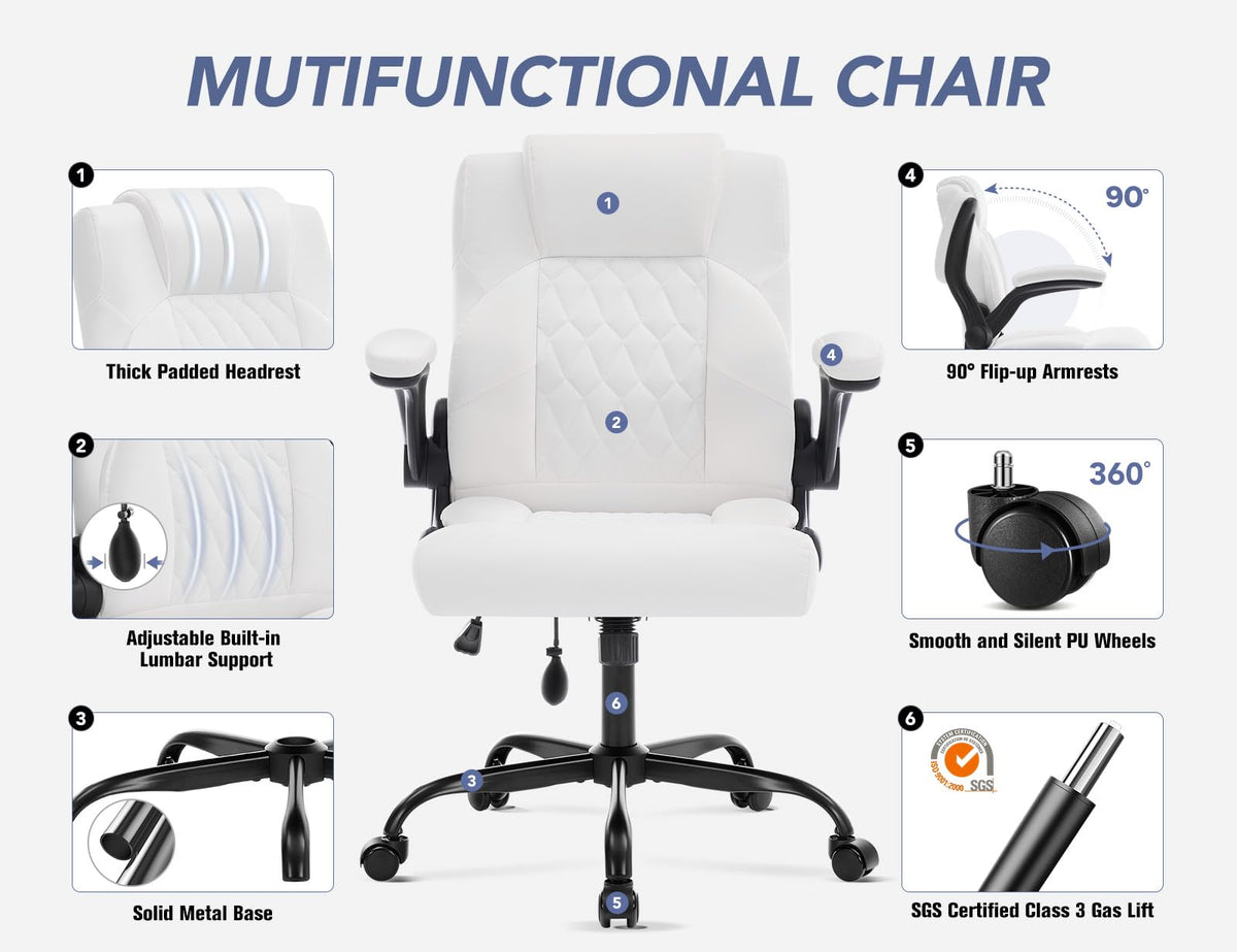 Office Chair with Adjustable Inflatable Lumbar Support,Leather Ergonomic Computer Desk Chair with Flip-up Arms,Adjustable Tilt Lock,Swivel Rolling Executive PC Chair for Work,Study,Meeting.White
