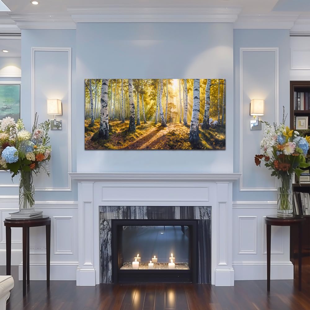 Sense&Sensitivity Arts-Green View White Birch Forest Canvas Painting Wall Art Decor Fall Artwork Modern Green Nature Artwork for Living Room Kitchen Bedroom Bathroom Office 40" x 20" Inch