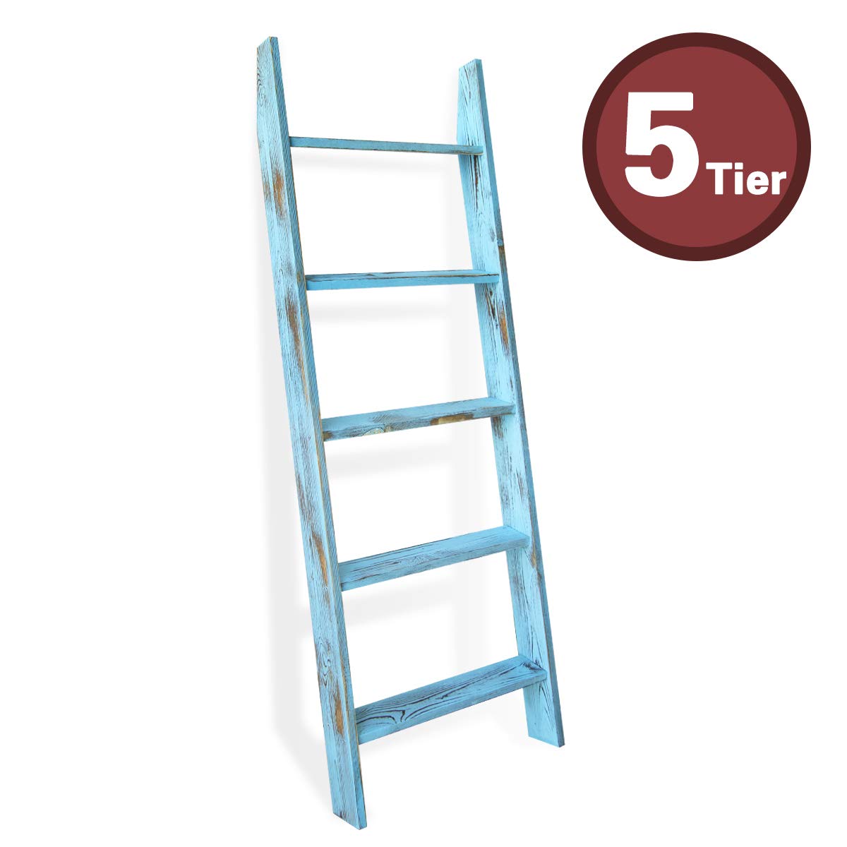 Honest Ladders for Living Room, 5-Tier Blanket Holder, Wall-Leaning Rack, Ladder Shelves, Wooden Quilt Ladder, Farmhouse Decor, Blue