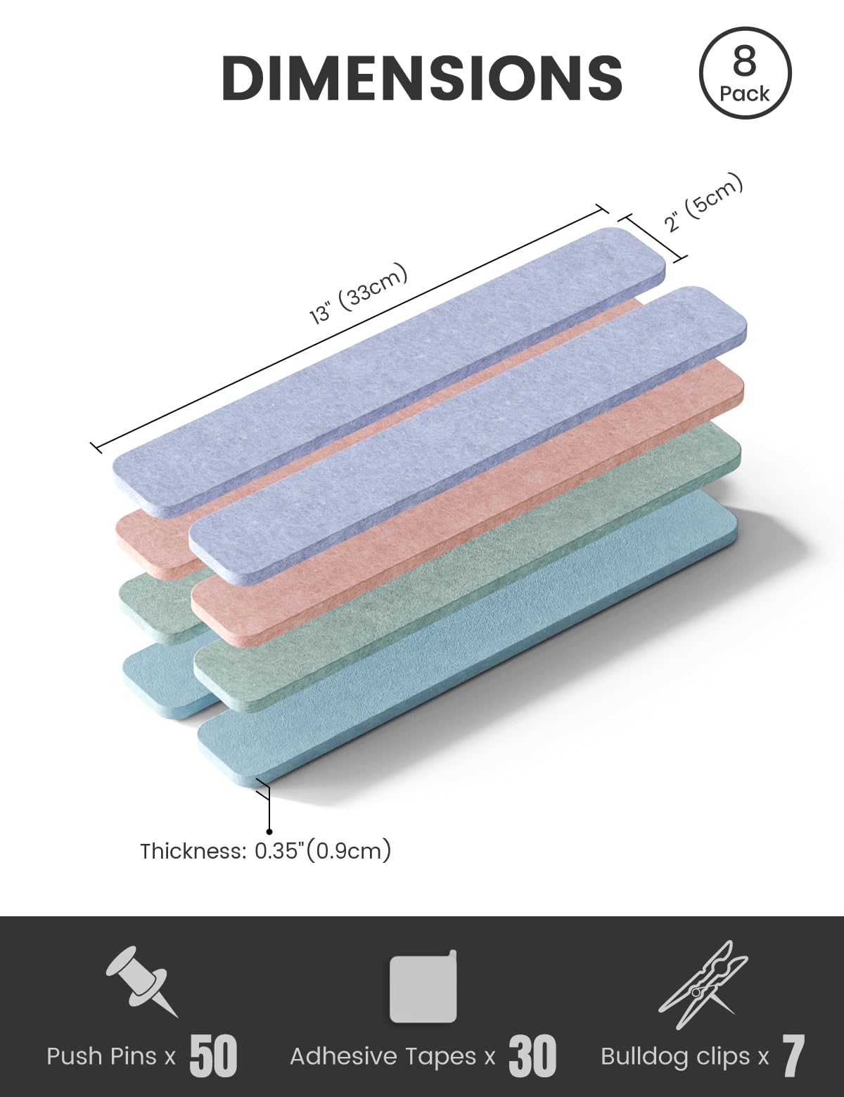 Cork Board Alternative Felt Strip Board 8-Pack 13"x2", Office Pin Board with 50 Push Pins, Adhesive Install for Bedroom Door & Home Office(Coastal Haze)