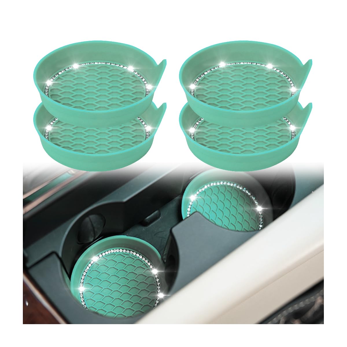 zipelo Bling Car Cup Coaster, 4 Pack Universal Vehicle Anti-Slip Cup Holder Insert Coasters, Crystal Rhinestone Silicone Shockproof Drink Mat, Car Interior Accessories (Mint Green)