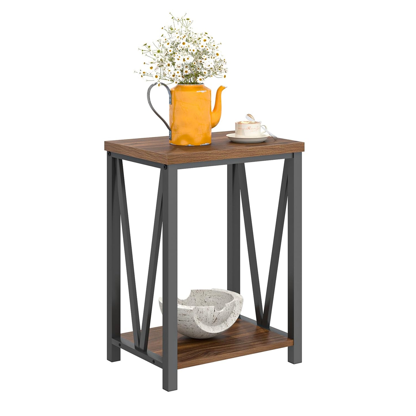 FOLUBAN Small End Table, Rustic Wood and Metal Side Table with Storage, Modern Night Stand for Living Room Bedroom Office, Walnut