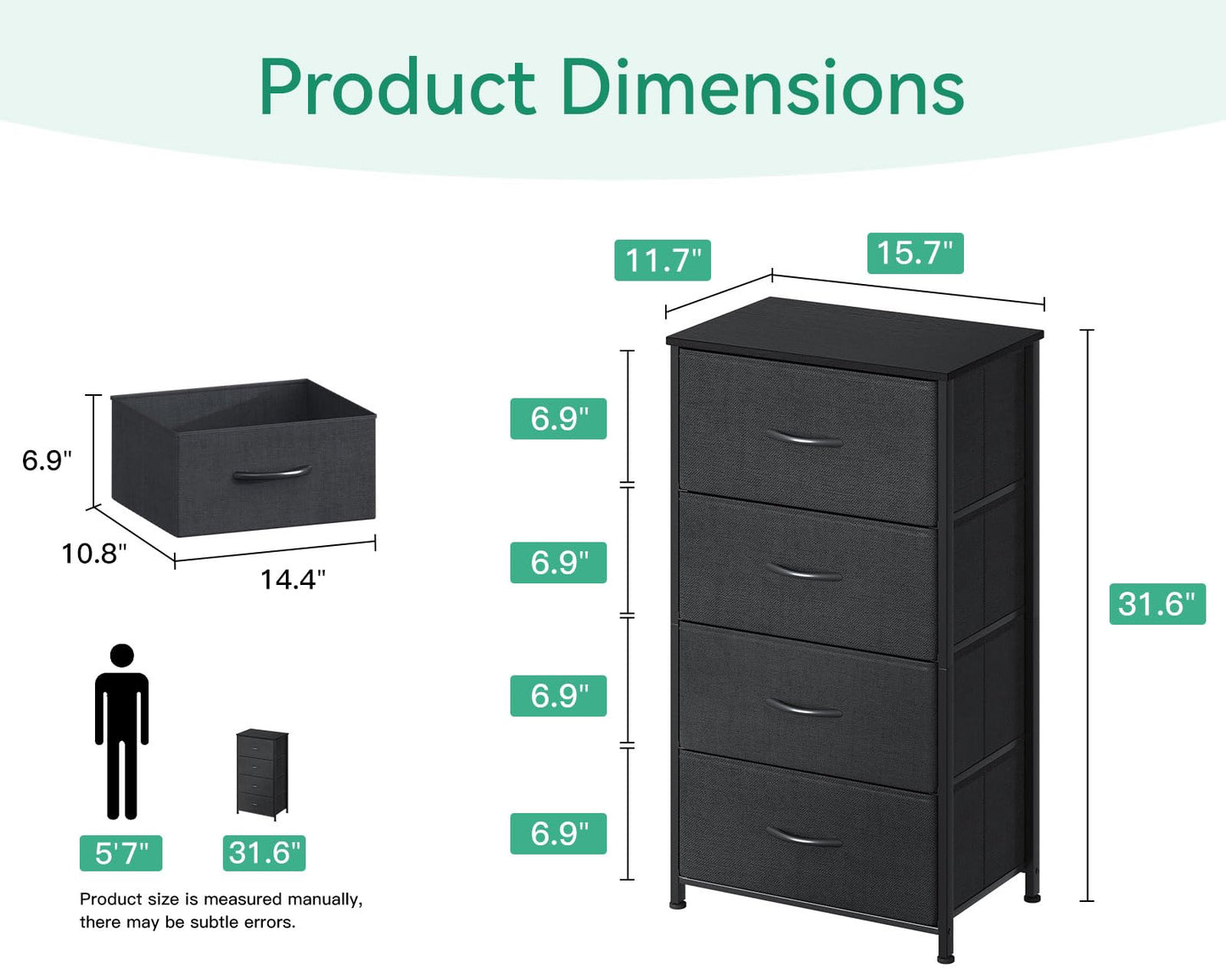 AODK Dresser for Bedroom with 4 Storage Drawers, Small Dressers Chest of Drawers Fabric Dresser with Sturdy Steel Frame, Black