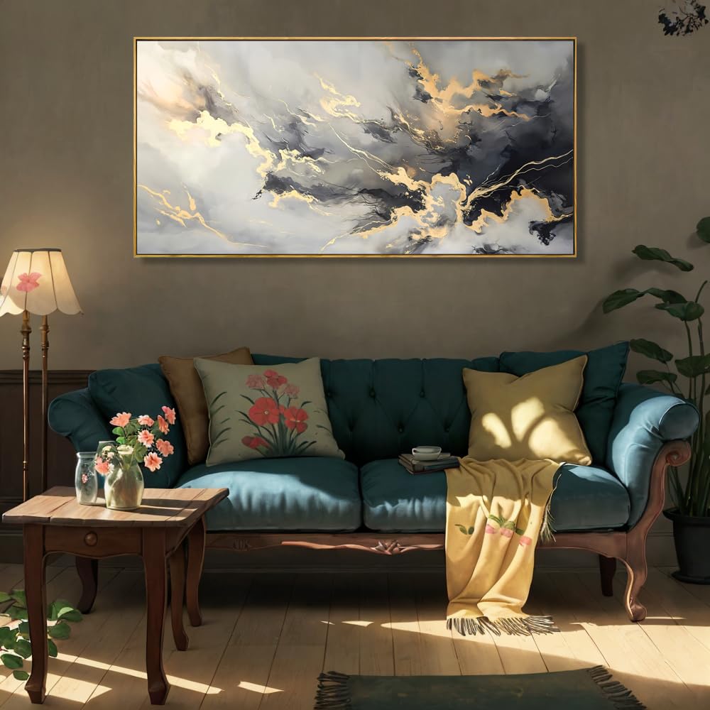 youkuart Wall Art Abstract Artwork Fluid Lines Marble Art Black and Gold Canvas Prints for Living Room Bedroom Dining Room Home Office Decor Large Framed Ready to Hang 20"x40"