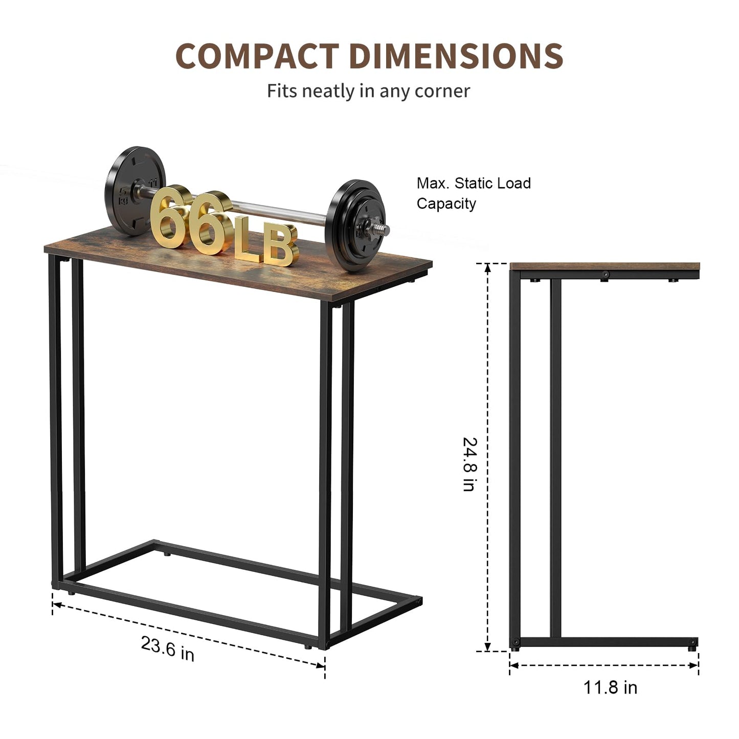 CAMOAT C-Shaped Side Table, Modern End Table with Metal Frame, Space Saving Design for Living Room，Large Surface Couch Table for Bedroom, and Home Office，24 x 12 x 24 inches (Brown)