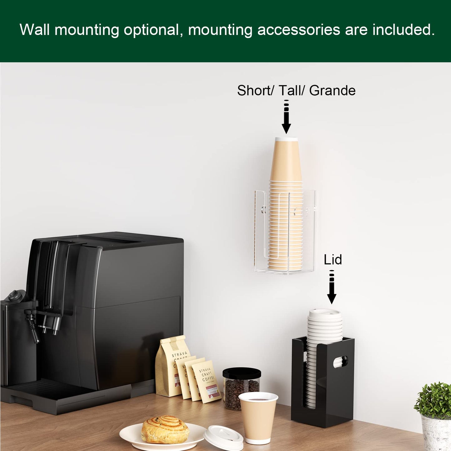 BOSSCASA Disposable Coffee Cup Dispenser with Handles, Countertop or Wall Mount Hot/Cold Drink Cup and Lid Holder - Bathroom/Kitchen/Office Acrylic Cup Lid Storage Organizer (1 Compartment, Clear)