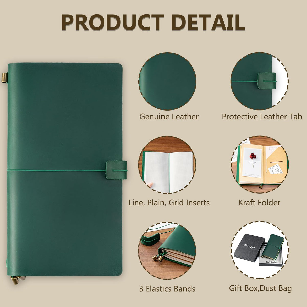 Ox Knight Refillable Leather Travelers Notebook, 8.6 x 4.9 Standard Size Travel Diary for Men and Women, Genuine Leather Travel Journal with 3 Notebook Inserts for Writing, Sketching & Planning, Green