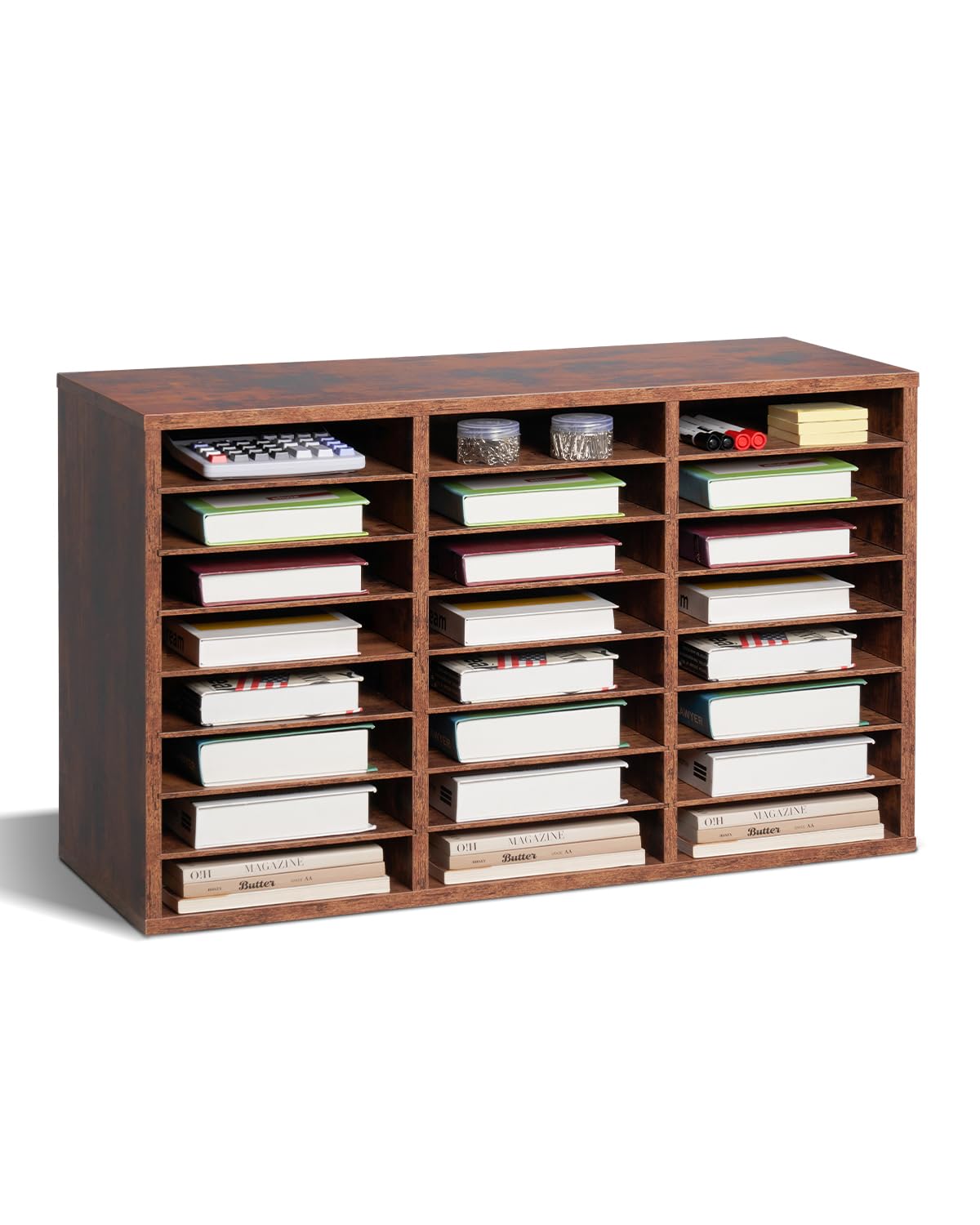 VEVOR Literature Organizer, 24 Compartments Office Mailbox with Removable Shelves, Wooden Mailbox Sorter Particle Board Office Home Classroom Storage, File Sorter for Documents, Papers, Dark Brown