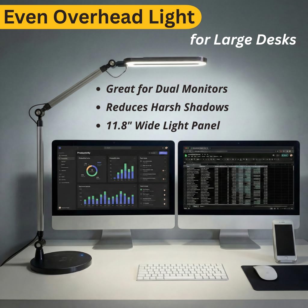 OTUS LED Architect Desk Lamp for Home Office with Wireless Charger, Adjustable Swing Arm, 32 in Tall, 11.8 in Panel, 3 Color Modes, 12 Dimmable Levels, Eye-Caring for Reading, Study, Video Calls