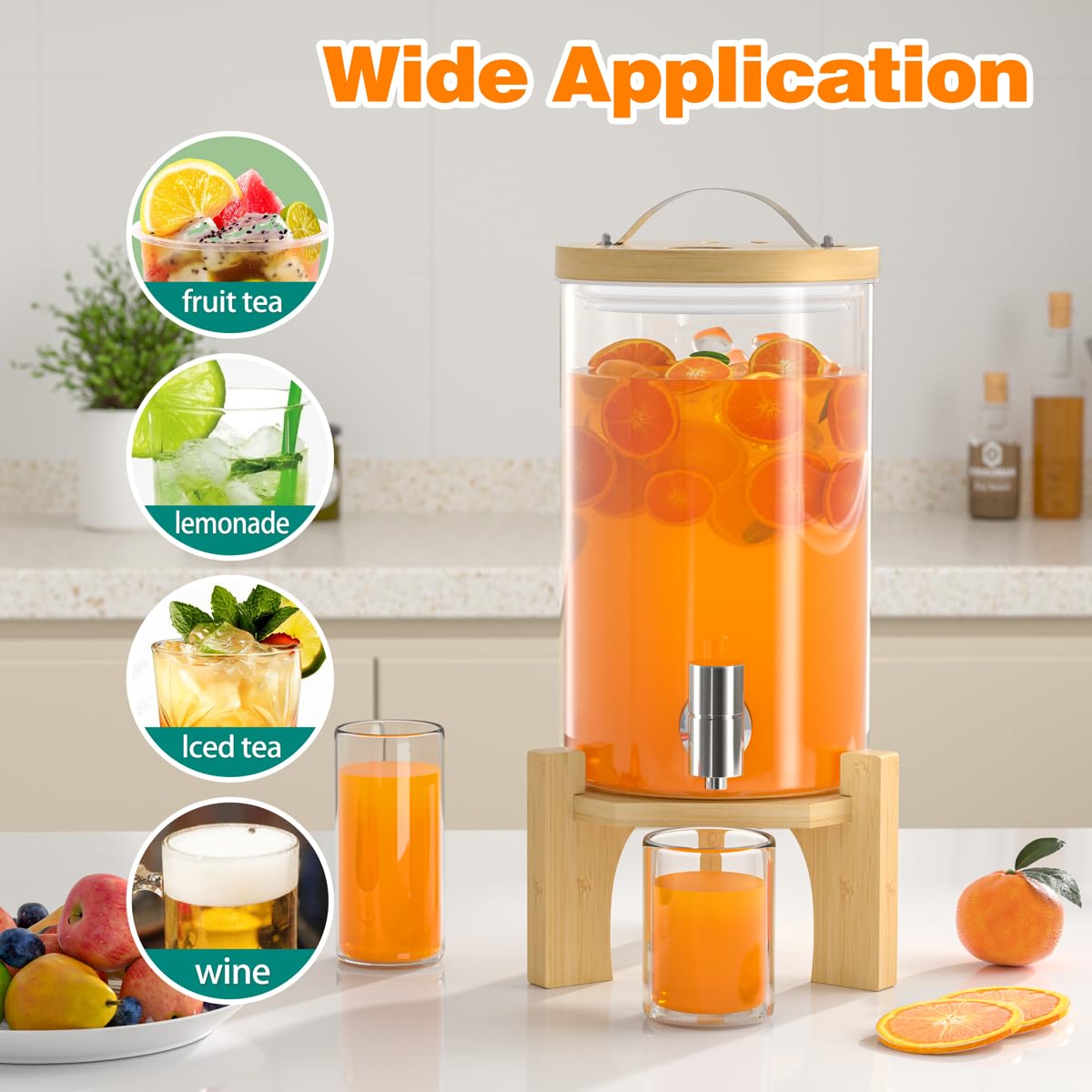 VOVUVK 1.2 Gallon Glass Drink Dispenser For Parties, beverage dispenser with Bamboo wood stand And Stainless Steel Spigot, Juice or lemonade dispenser Laundry Detergent Dispenser (1 PACK)