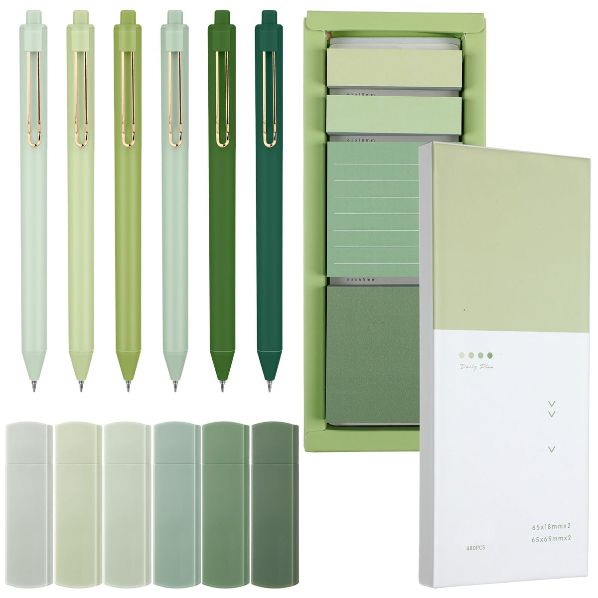 Resurhang Aesthetic Stationery Set Supplies Sticky Notes Set 6 Mini Correction Tapes 6 Retractable Black Ink Pens 0.5mm Fine Point Paper Corrective Pen Self Stick Index Tabs(Green)