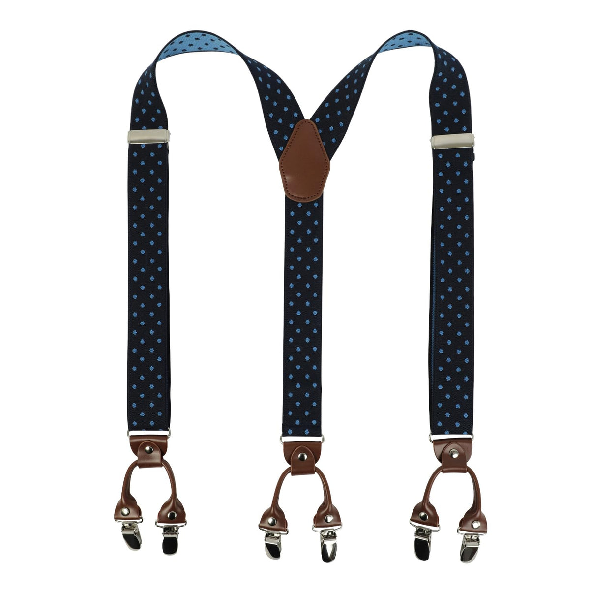 LEHOMU Suspenders for Men with leather 6 Heavy-Duty Clips, 1.4 Inches Wide Men's Suspenders Y-Back Adjustable Elastic Fit for Work or Casual Wear，Tibetan Blue Dots