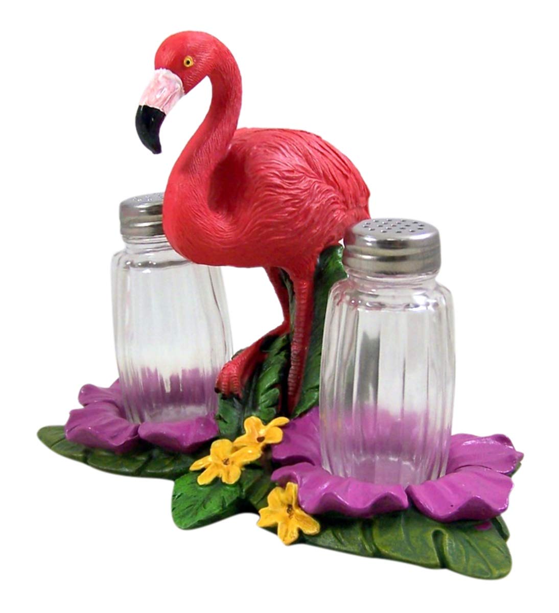 De Leon Collections Polyresin Tropical Pink Flamingo on Palms Floral Coastal Living Salt and Pepper Shaker Holder Set