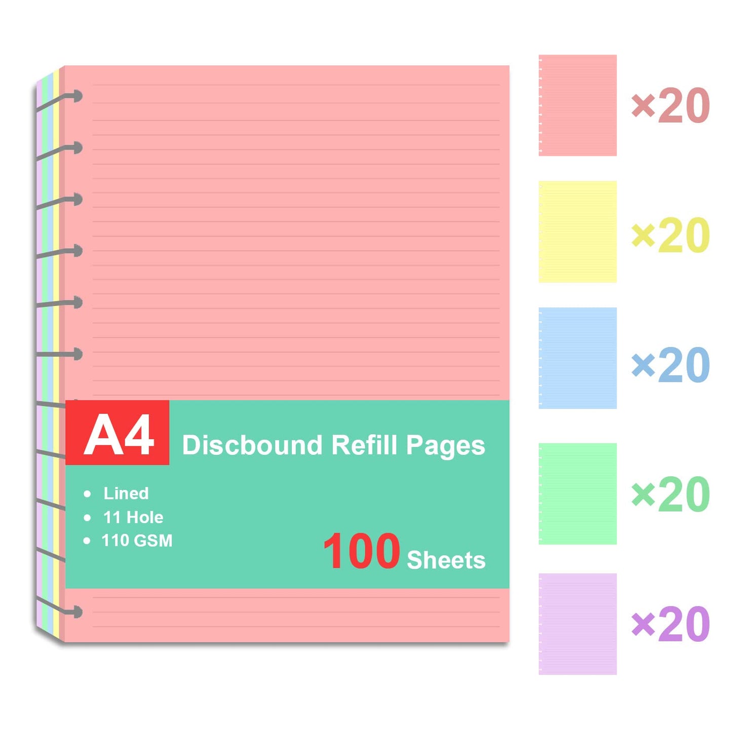 Letter Size Refills Paper, A4 Tul Paper for TUL Note-Taking System Discbound Notebook Planner Inserts, 5 Colors(20 Sheets/C), Total 100 Sheets/200 Pages, College ruled, Tul Paper Refills 8.5 x 11 In