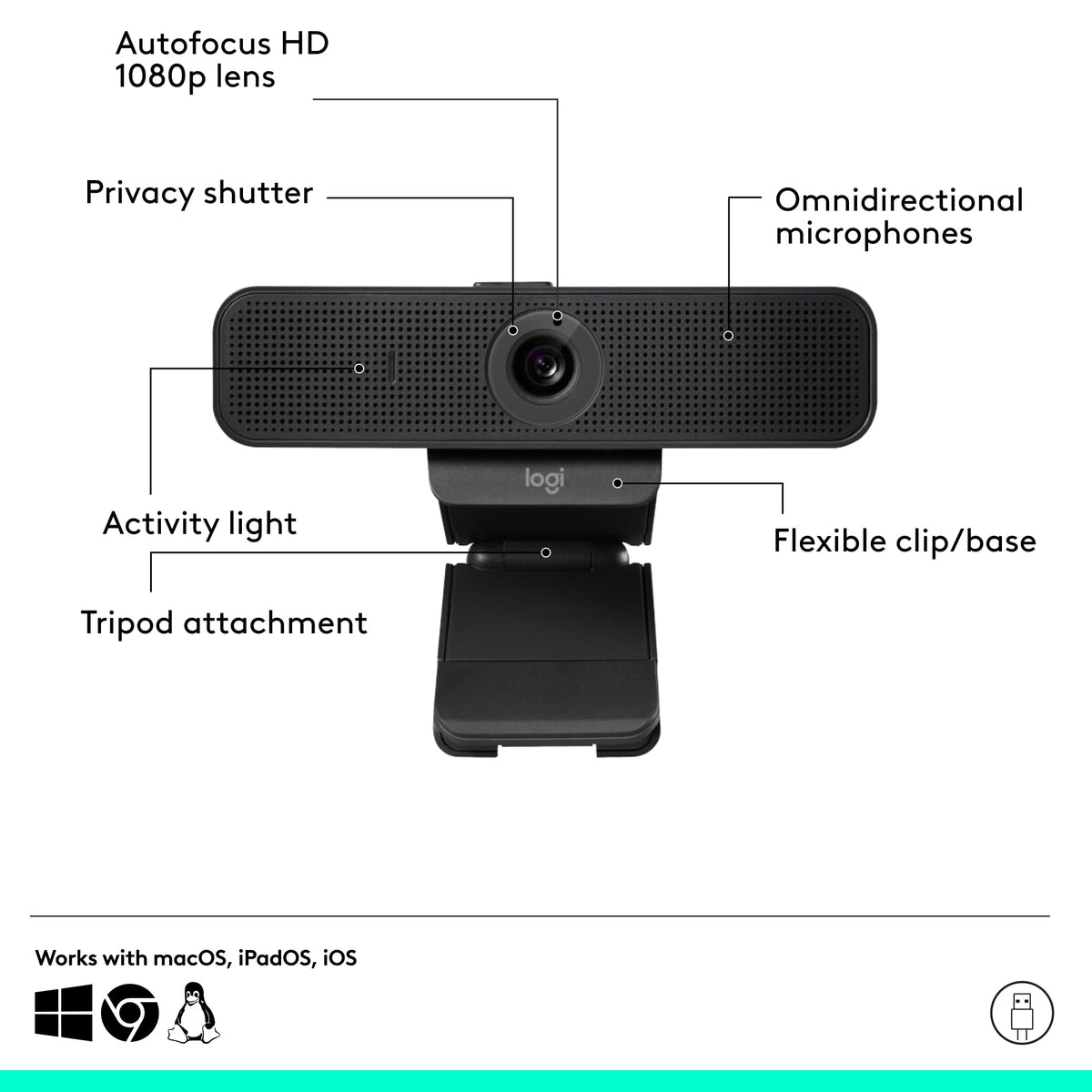 Logitech C925e Business Webcam, HD 1080p/30fps Video, Light Correction, Autofocus, Clear Audio, Privacy Shutter, Works with Microsoft Teams, Google Meet, Skype, WebEx, Cisco - Black