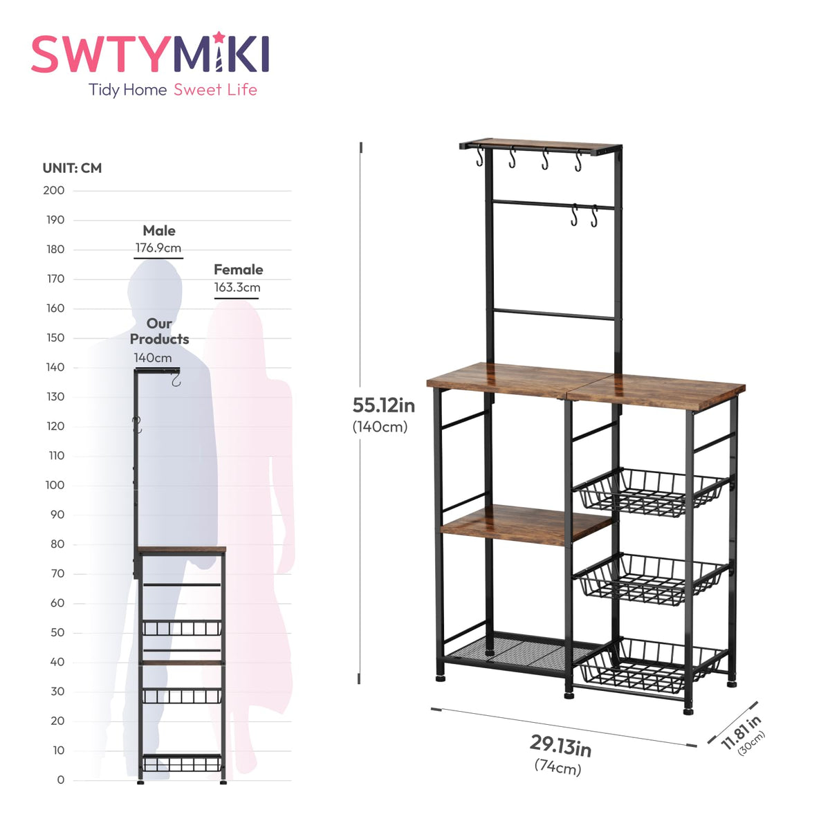 SWTYMIKI Bakers Rack with Storage - Coffee Bar Cabinet with Shelves, Coffee Station Organizer and Kitchen Stand with 8 Hooks, Baskets, Adjustable Feet for Kitchen Dining Room Pantry, Espresso