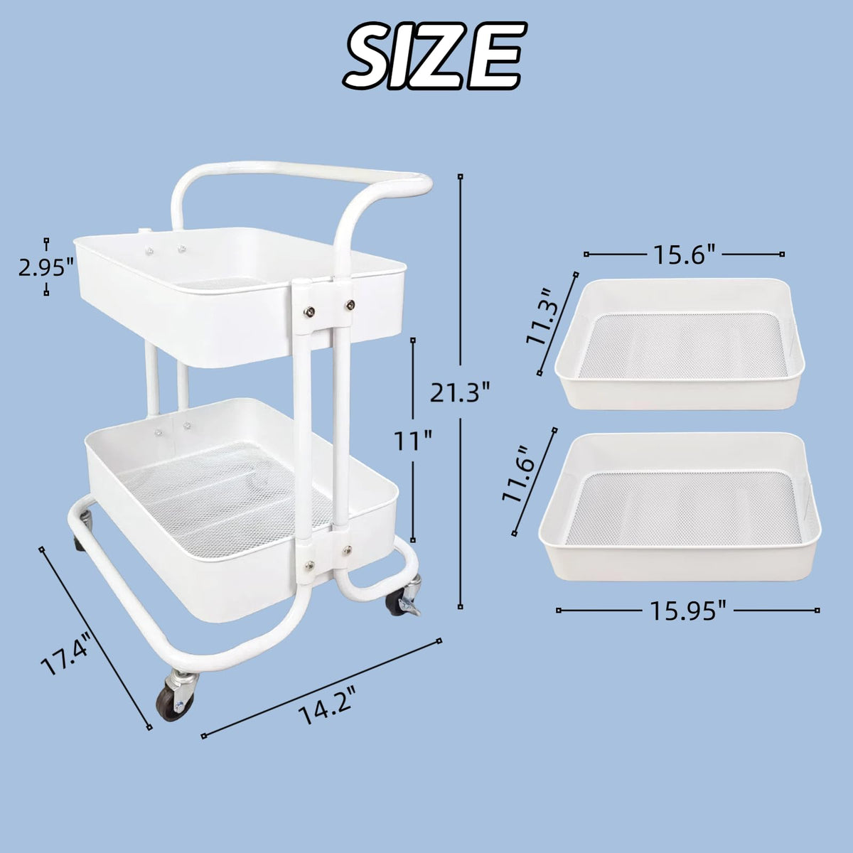 Ufriandz 2 Tier Cart with Wheels Under Desk Storage with Handle, Metal Rolling Pantry Cart for Kitchen White Small Rolling Basket for Laundry Room Bathroom, Utility Shelf Organizer for Small Space