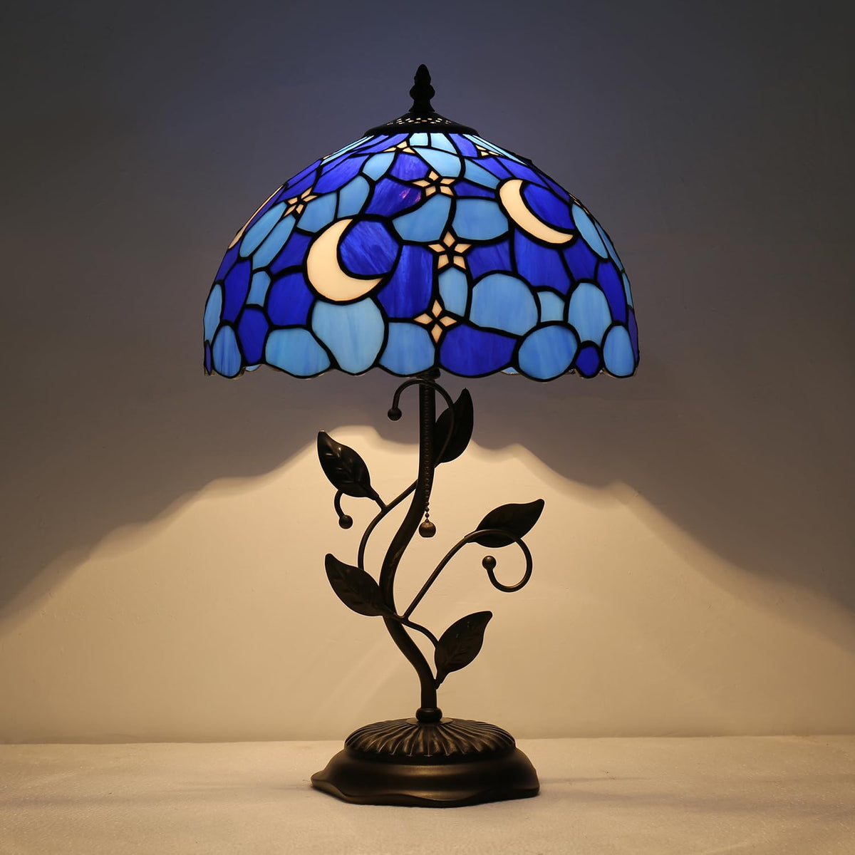 TFNTCYG Tiffany Style Table Lamp,Stained Glass Moon Table Lamp,12X12X19 Inch Reading Light, Metal Leaf Base Antique Glass Desk Decor Lamp.