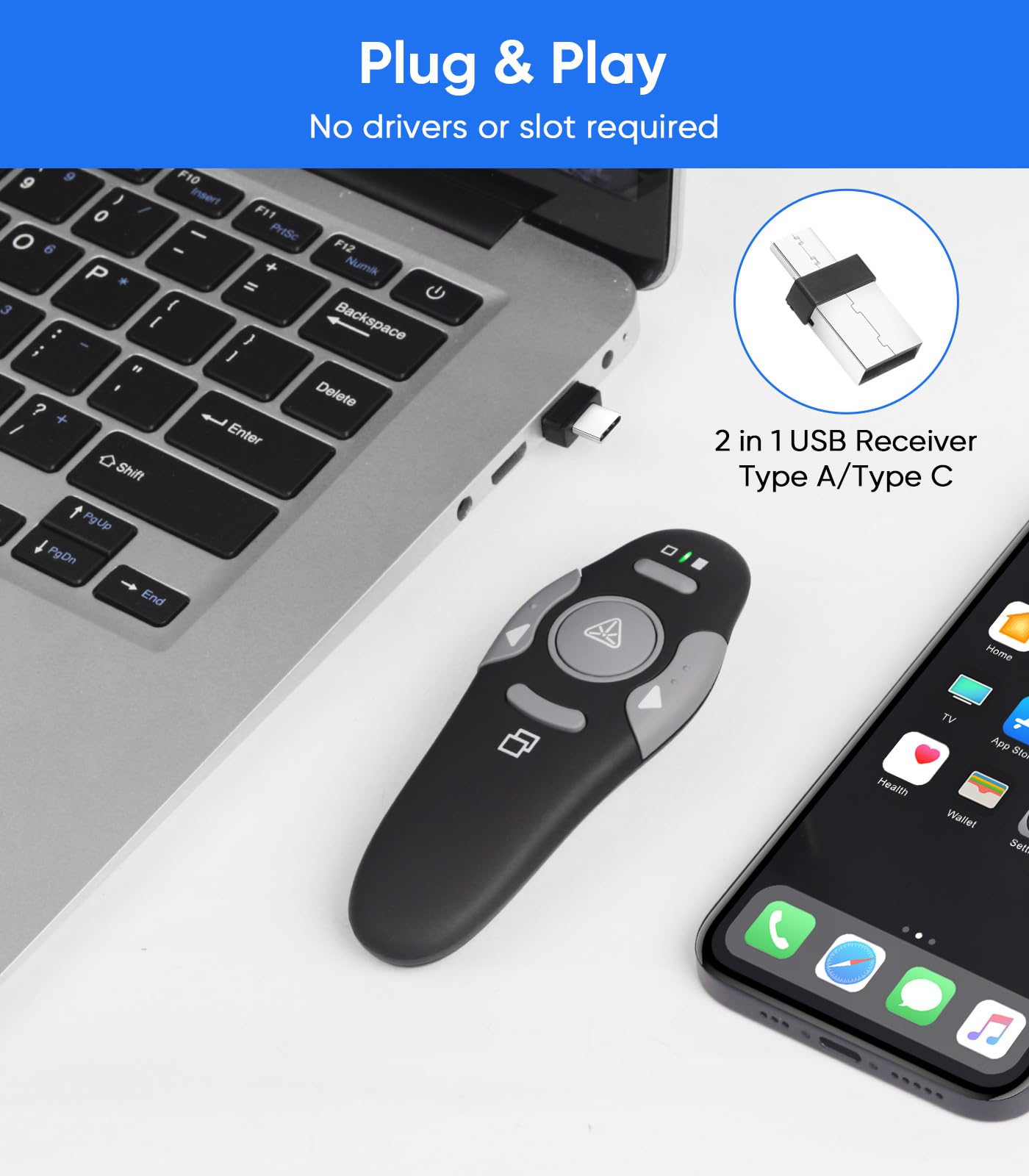 Agaritek Presenter Clicker for PowerPoint Presentations, USB Wireless PPT Remote Clicker with Laser Pointer for Mac/Windows/Linux, Google Slide/PPT/Keynote, Page Flip, Full/Black Screen, Plug and Play
