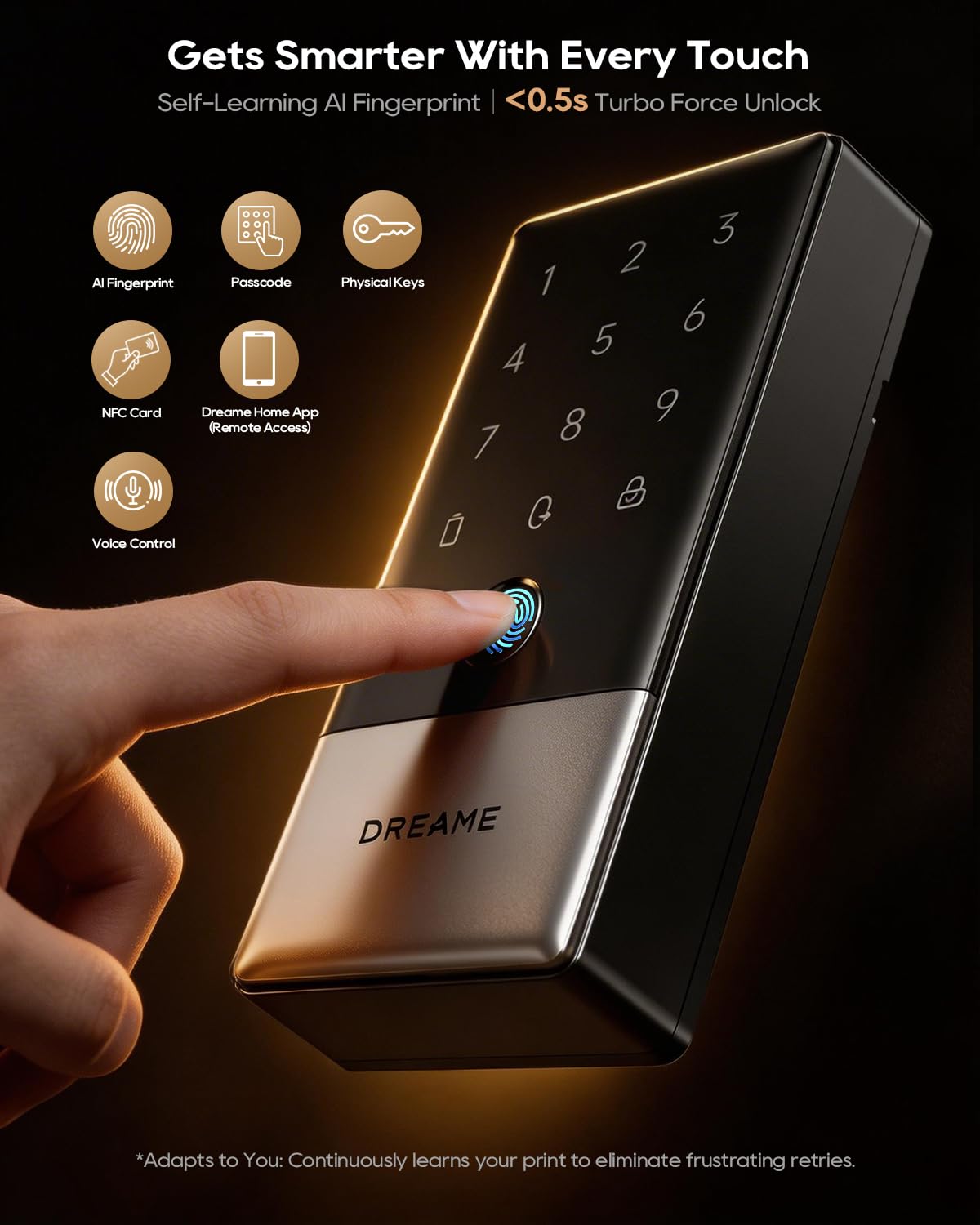 DREAME Wi-Fi Smart Door Lock for Front Door A10, Matter Over Thread, Works with Apple Home, Alexa, Google, AI Fingerprint Keyless Deadbolt Set, Geofencing Auto Unlock, BHMA Grade 2, IP65 Waterproof