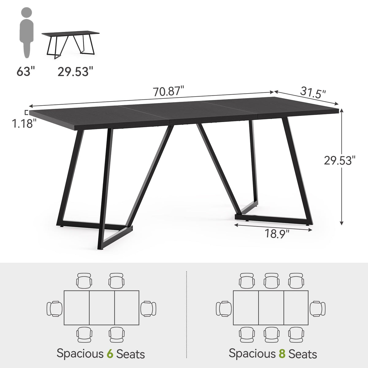 LITTLE TREE 70.86-Inch Conference Table for 8, Black Conference Room Table with Metal Base, Modern 5.9 ft Rectangular Table for Boardroom, Meeting, Conference Room