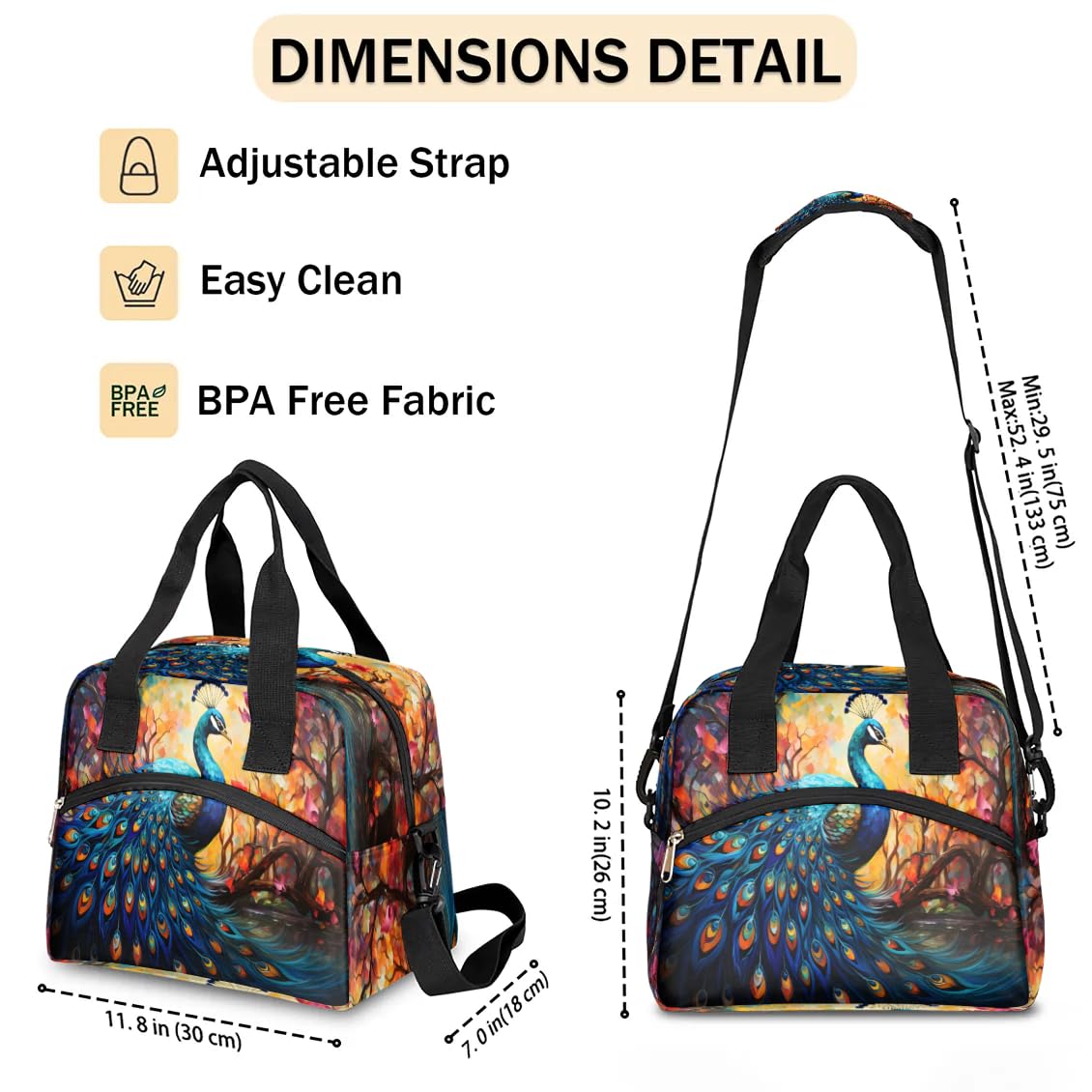 Insulated Lunch Bag Animal Peacock Lunch Box for Women Men Reusable Lunch Tote Bag with Adjustable Shoulder Belt Portable Lunchbox Cooler Bag Organizer for Office Work Picnic