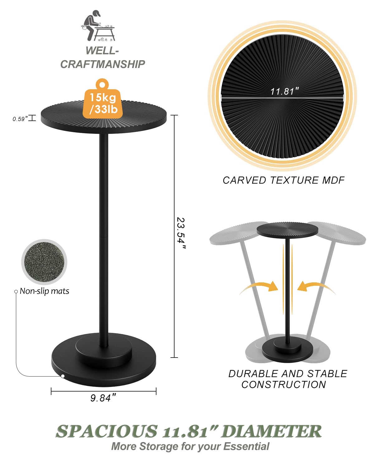 Round Side Table, Small Drink Table for Small Spaces, Modern Accent End Table with Metal Leg for Living Room, Bedroom, Corners, and Office (Black)