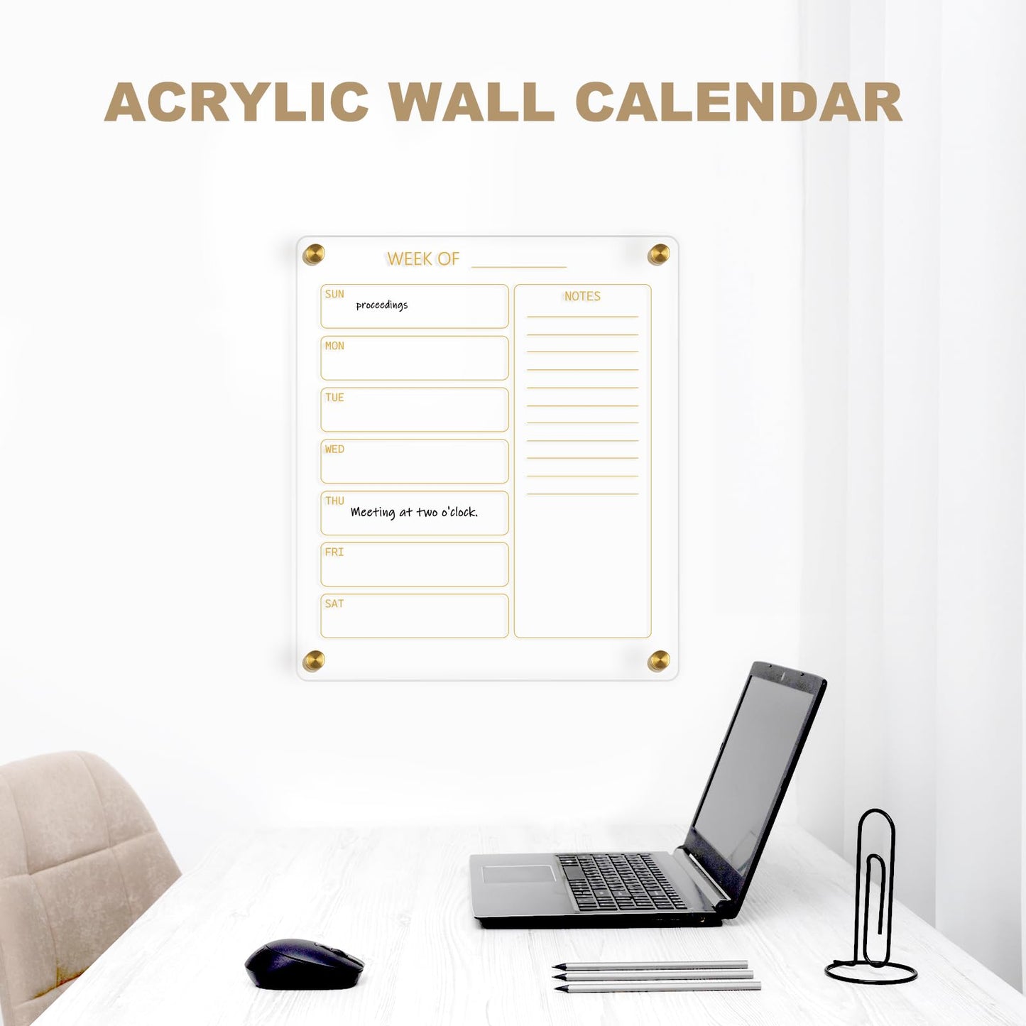 AMUSIGHT Small Acrylic Calendar for Wall, 12" X 14" Golden Clear Acrylic Wall Calendar, Clear Wet & Dry Erase Board Hanging Frameless Weekly Planner for Office, Home or School, 2 Markers