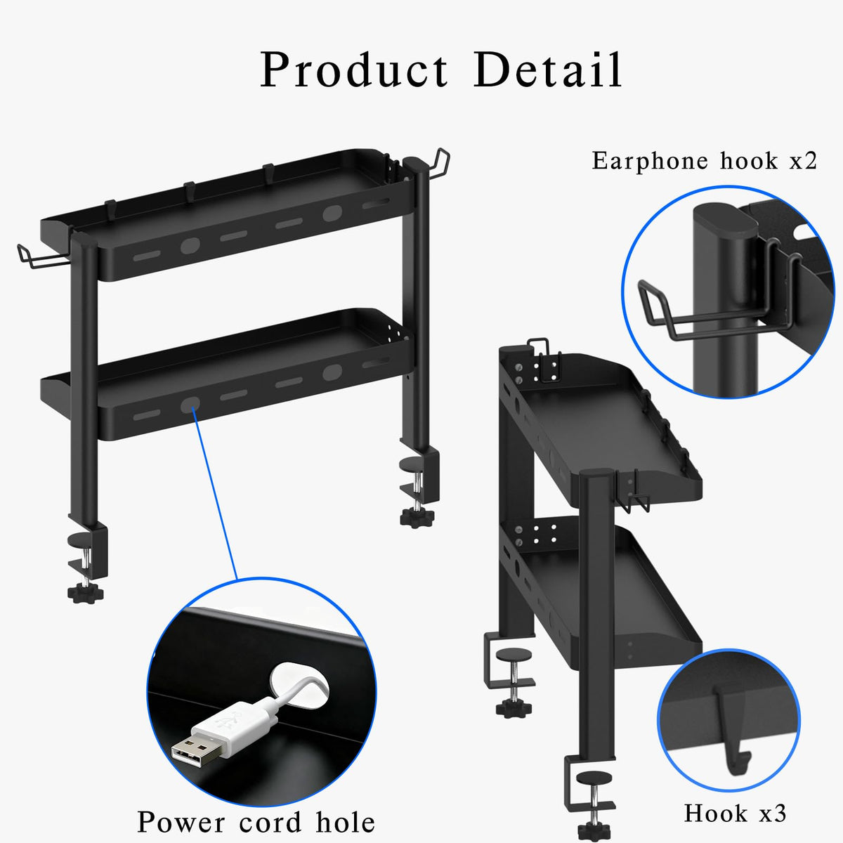 Clamp on Desk Shelf, 17in 2-Tier Office Desk Shelves Organizer, Small Shelf for Top of Desk with Headphone Holder and Hooks, Desktop Storage Rack for Home Workspace, Study Rooms, Gaming Accessories