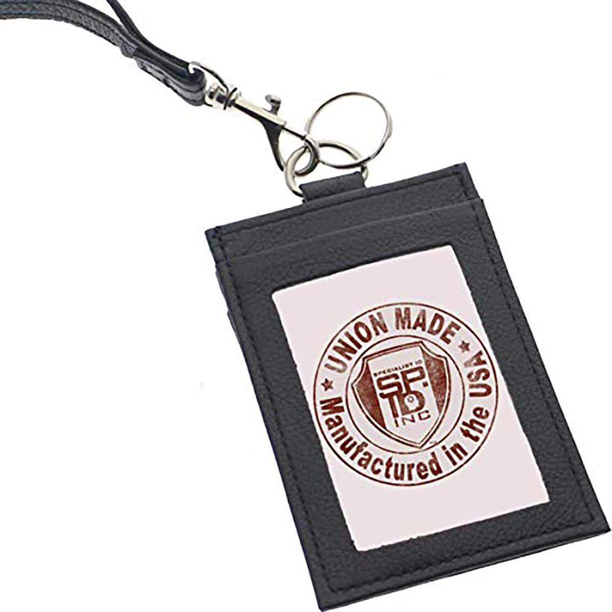 Union Made Leather Badge Holder - USA Manufactured Heavy Duty Four Pocket ID Badge Wallet with Lanyard by Specialist ID