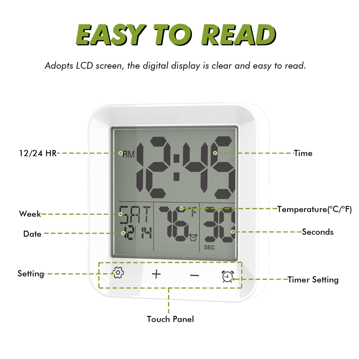 Wisoee Digital Shower Clock Waterproof, Bathroom Wall Clock Timer with Touch Screen, Temperature, LCD Display, Suction Cup Hanging Hole Stand for Kids and Adults