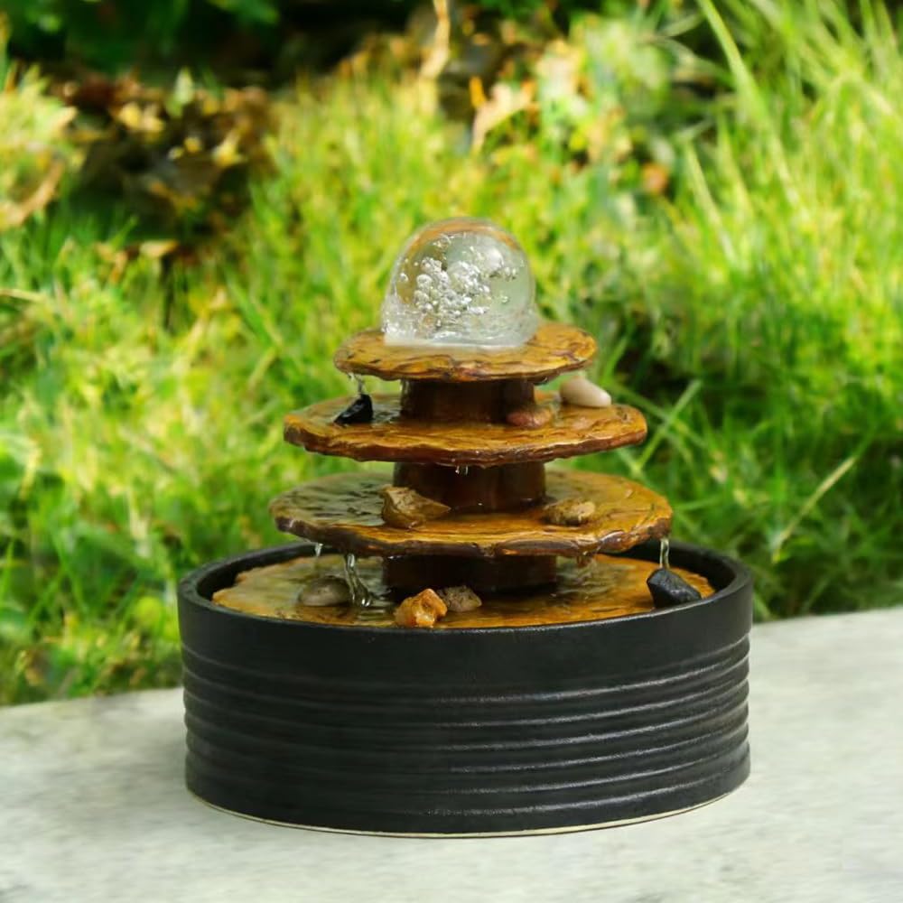 Outdoor and Indoor Tabletop Fountain Desktop Water Feature Ceramic Office (Black A195)