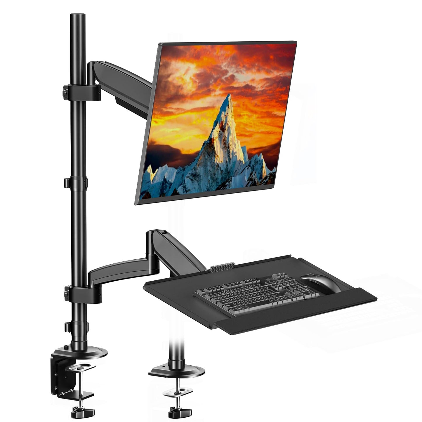 PUTORSEN Sit Stand Monitor Desk Mount for 17-32 inch Screens, Height Adjustable Full-Motion Articulating Arm with Keyboard Tray,19.8 lbs Monitor & 2.2lbs Tray Capacity, C-Clamp & Grommet Mount,Black