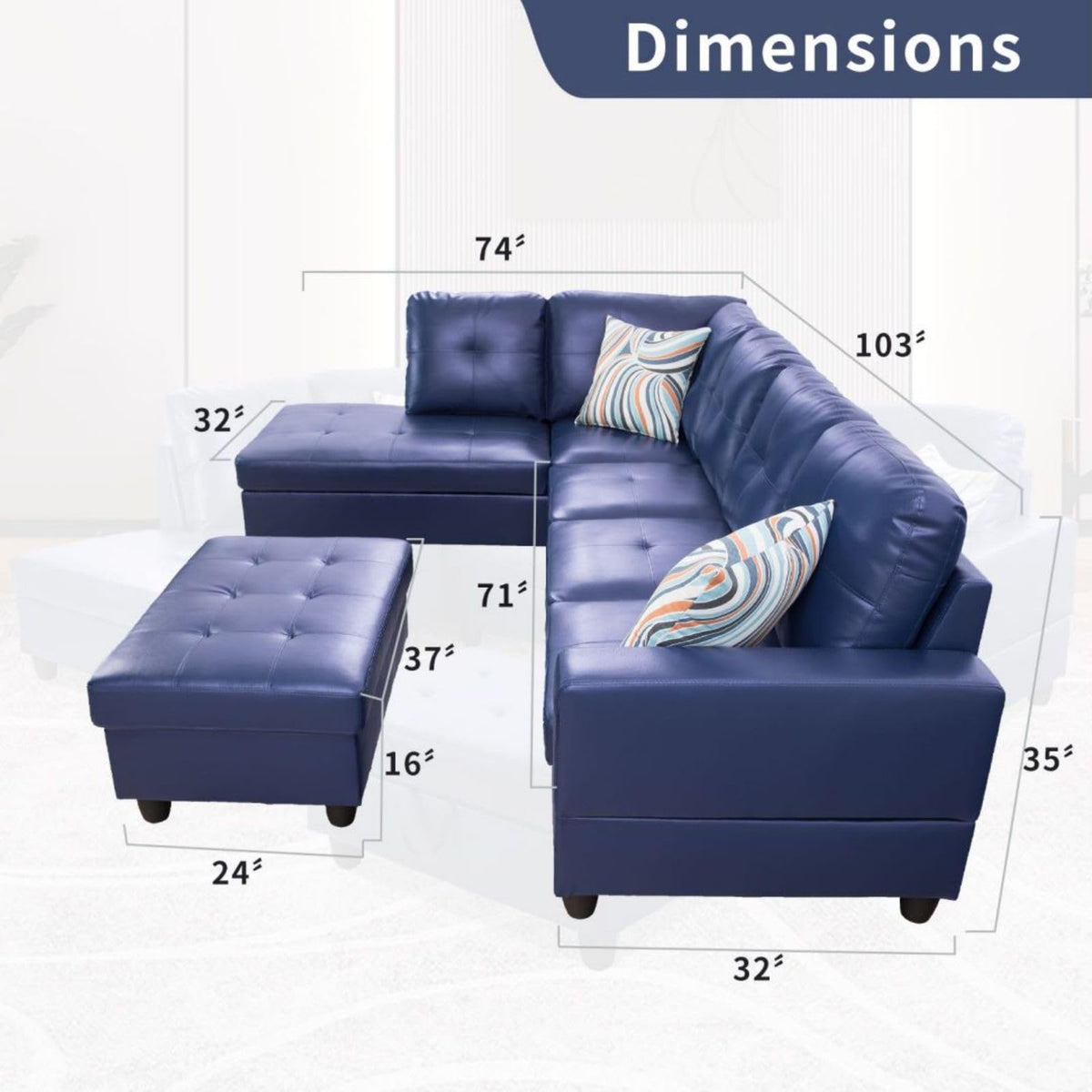 UOCFYK L-Shaped 3-Piece Semi PU Synthetic Leather Sofa with Storage Ottoman Set, Sectional Couch Sofa Set for Living Room, Office, Small Space, Blue