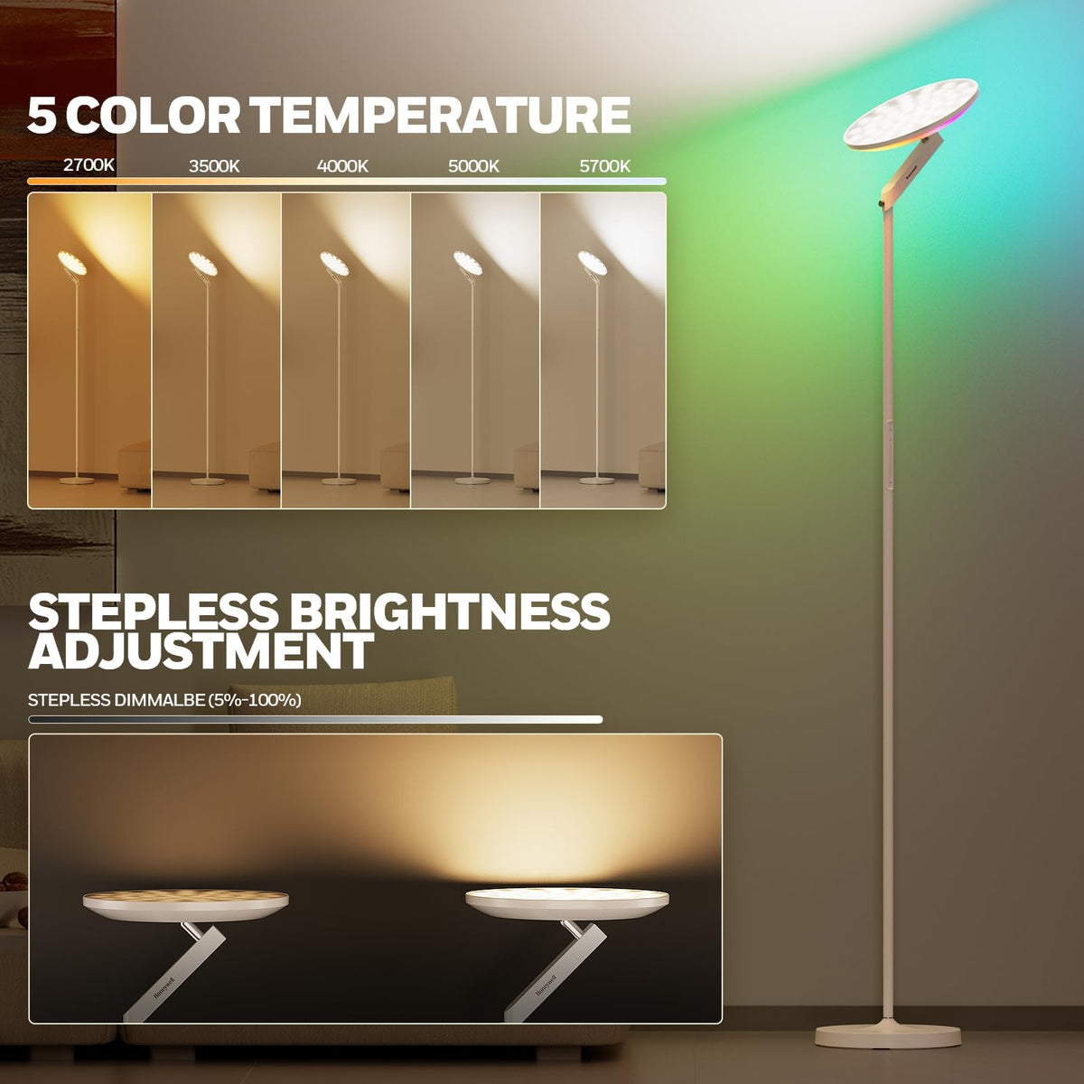 Honeywell 3000LM LED Floor Lamp, Torchiere Floor Lamps with Remote Control, F2 Sunturalux™ 40W Eye-Caring Reading Light, 2700-5000K 6 RGB Modes RGB Standing Lamp for Bedroom Living Room Office White