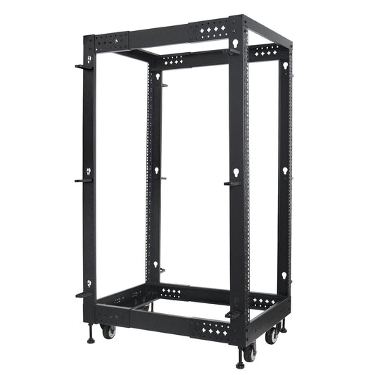 RIVECO 25U Server Rack Adjustable Depth Network 4 Post Cabinet Open Frame with Leveling Feet & Wheels Fully Rivets 1400 LBS