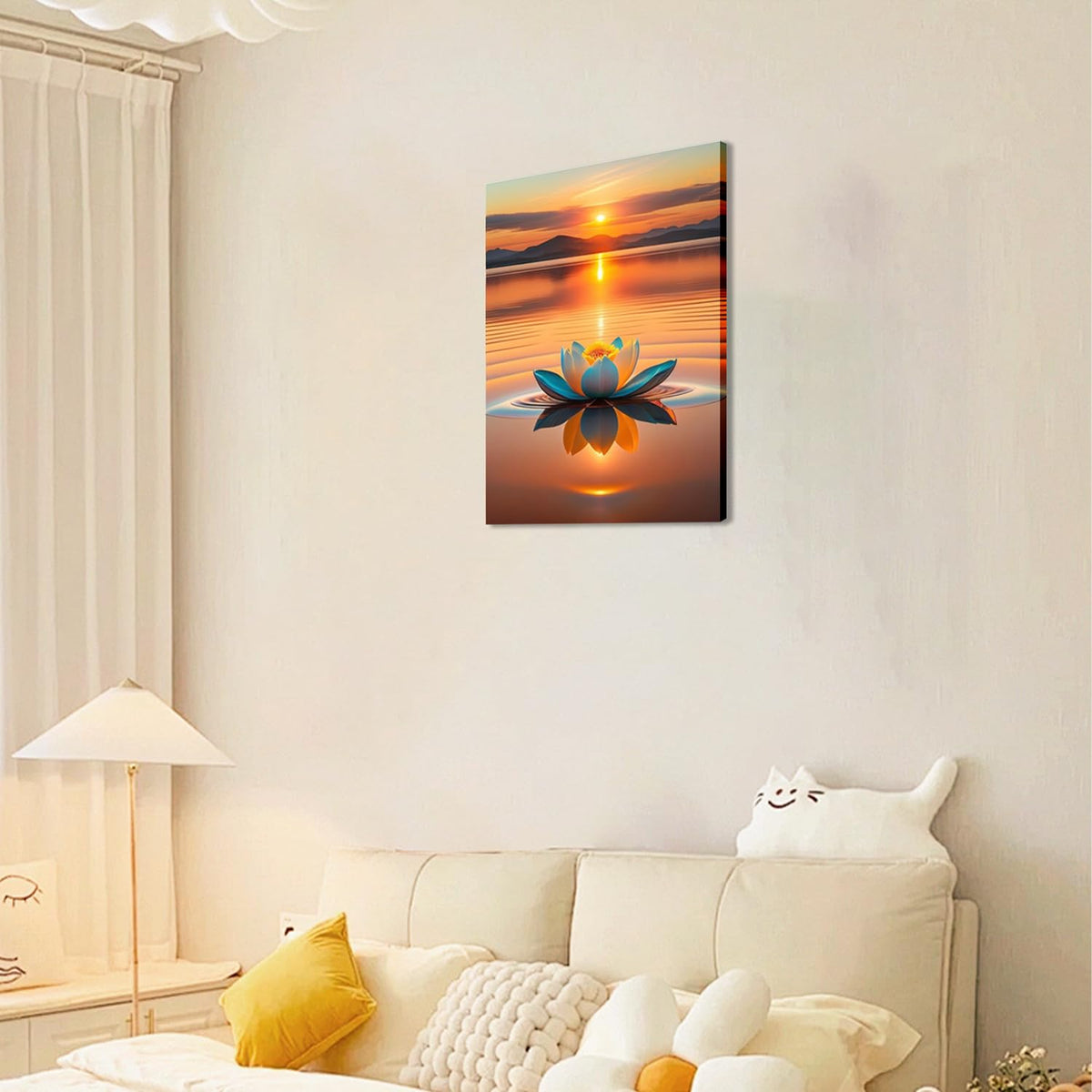 Sunset Lotus Wall Art–Lotus Blooming In The Water,Serene Lake Meditation Canvas Art,Yoga Spa Meditation Room Decor, Modern Spiritual Poster Prints For Zen Office Framed 12"X 16"