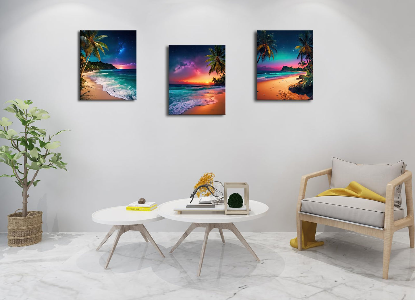 weiyiart 3 Panels Palm Tree Beach Wall Art, Cool Ocean Sunset with Northern Lights Canvas Prints, Tropical Coastal Seascape Decor for Living Room Bedroom Bathroom Office, 12"x16"x3pcs