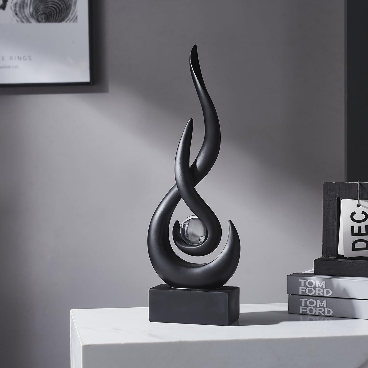 FJS Black Decor Modern Flame Statue Home Decorations for Living Room, 13.7" H Resin Sculptures Home Décor Accents, Abstract Art Sculpture for Dining Room Office Coffee Table Centerpiece