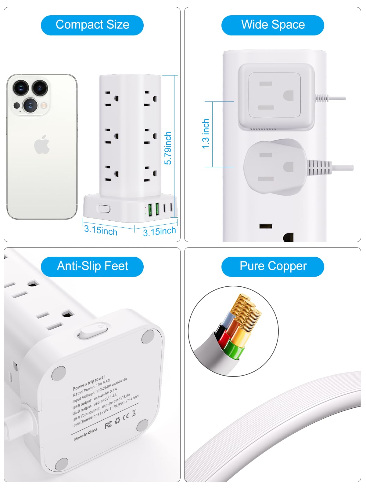 Power Strip Tower with Wireless Charger, Flat Plug Surge Protector Tower with 6FT Extension Cord, 12 AC Multiple Outlets, 4 USB (2 USB C),15W Wireless Charging Power Tower for Home Office Dorm, White