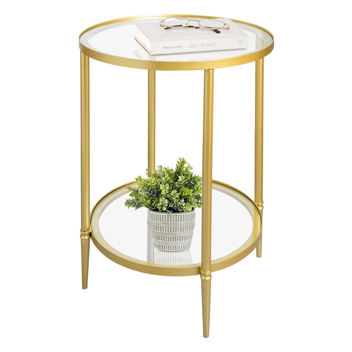 GIFTTROVE 2 Tier Round Side Table, Gold End Table with Glass Top, Modern Metal Clear Coffee Tables, Small Accent Tables for Living Room, Bedroom, 18" x 18"