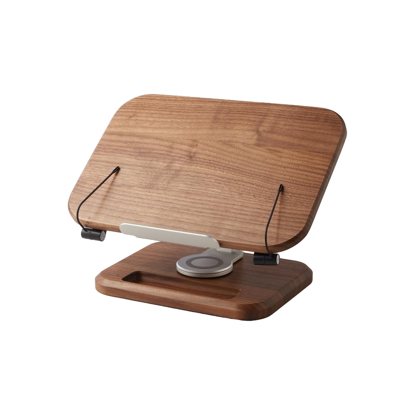 Book Stand for Reading, Mayhas Adjustable Book Holder with 360° Swivel Base&Page Clips, Foldable Desktop Stand for Cookbook, Fits All Books (Walnut, Wood Base)