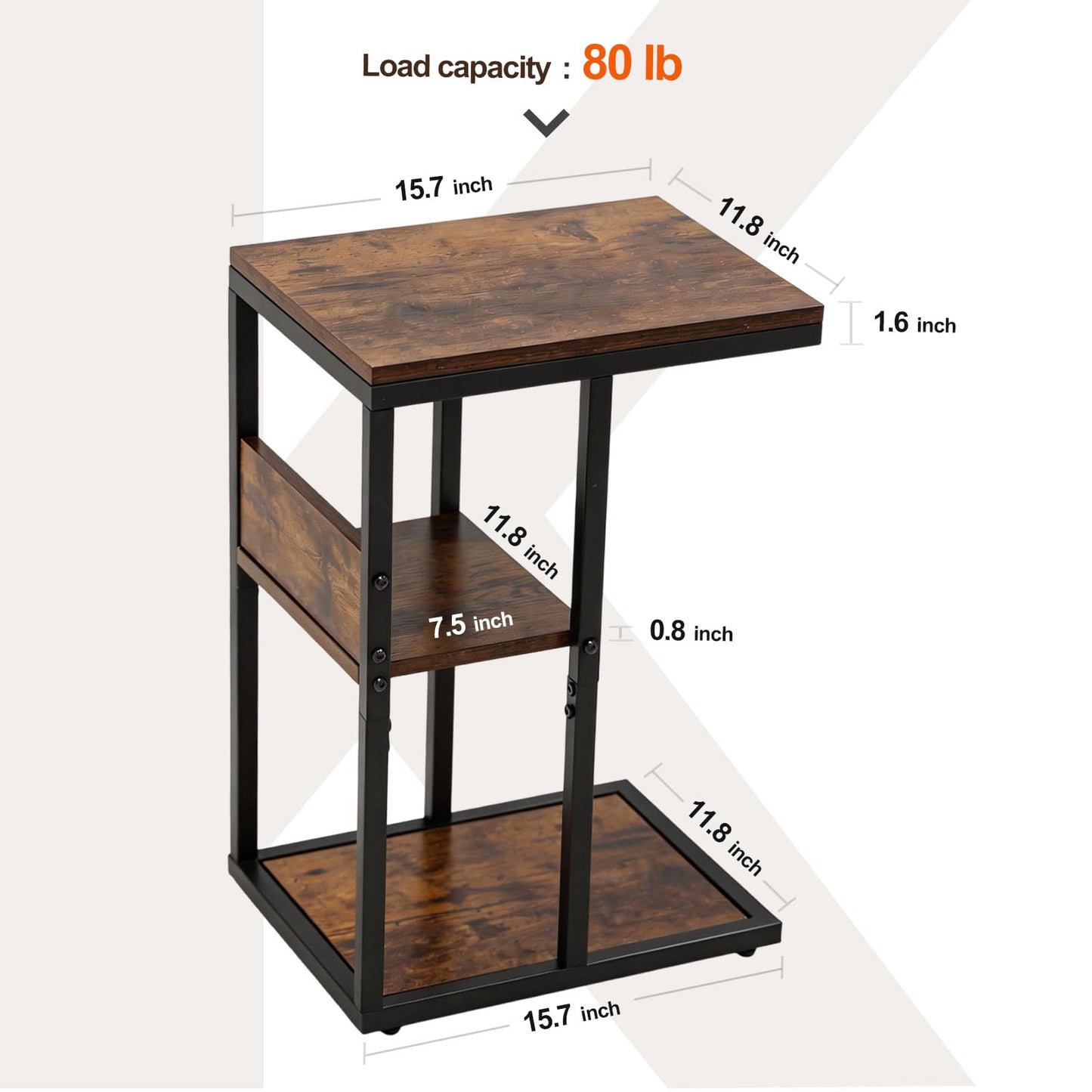 King Oasis 3-Tier Brown Metal Side Table - Industrial End Table & Nightstand with Adjustable Feet, 80LB Sturdy Small Bedside Table Storage Shelf for Living Room, Bedroom, and Small Spaces